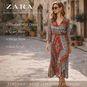 Zara Pleated Midi Dress Scarf Print Wrap Long Sleeve Red Blue SZS